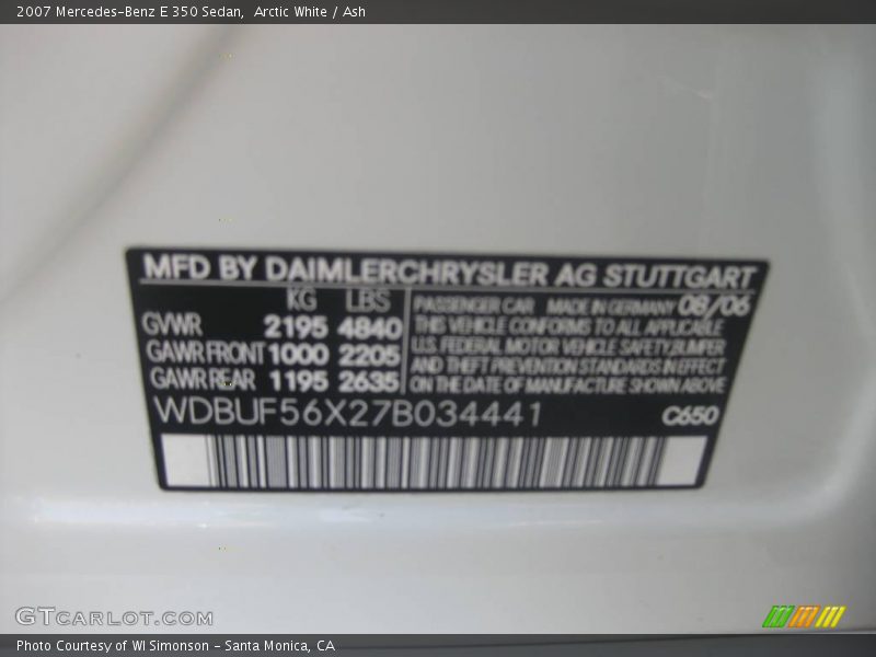 Arctic White / Ash 2007 Mercedes-Benz E 350 Sedan