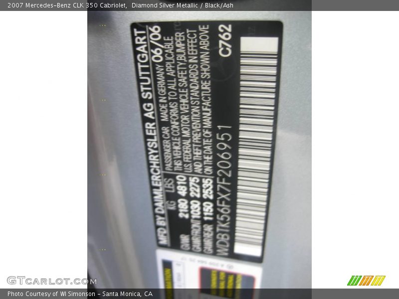 Diamond Silver Metallic / Black/Ash 2007 Mercedes-Benz CLK 350 Cabriolet