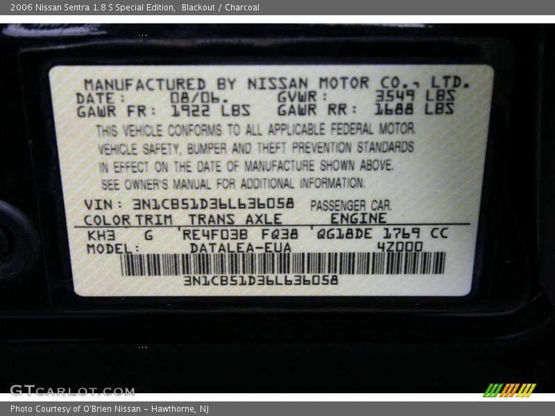 Blackout / Charcoal 2006 Nissan Sentra 1.8 S Special Edition