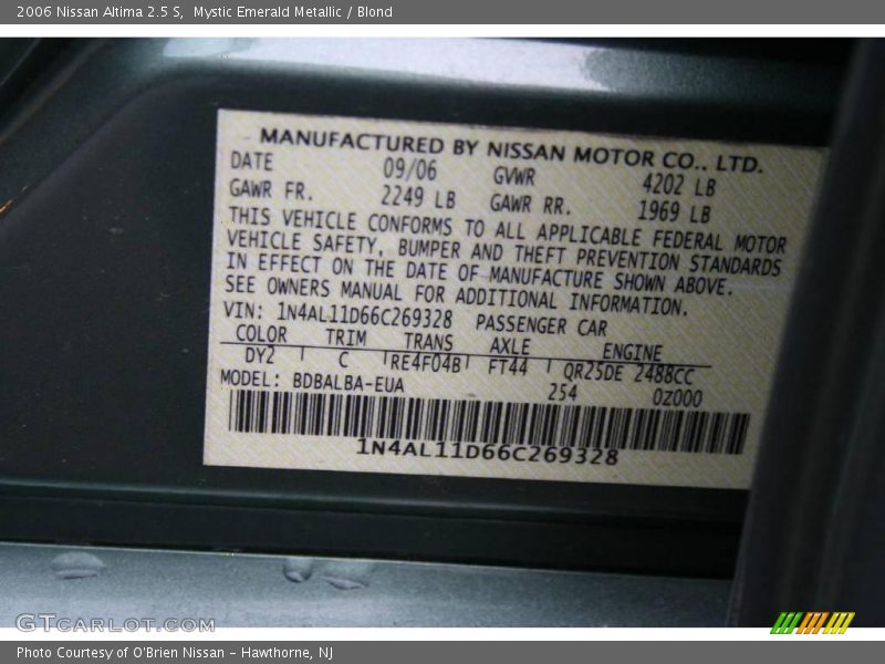 Mystic Emerald Metallic / Blond 2006 Nissan Altima 2.5 S