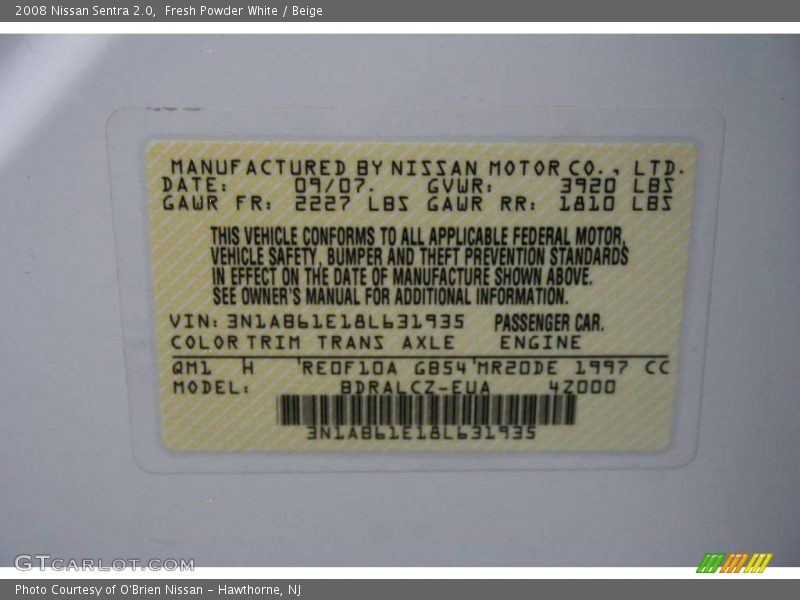 Fresh Powder White / Beige 2008 Nissan Sentra 2.0
