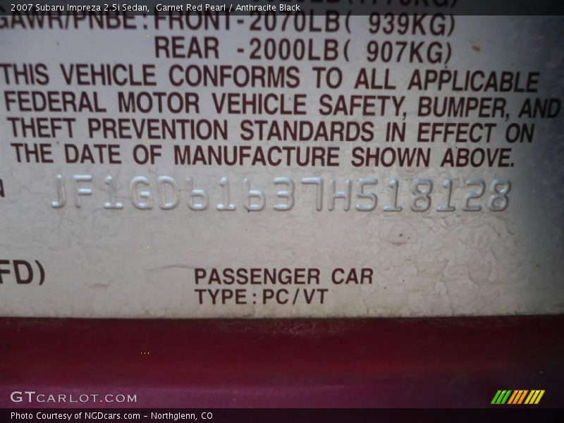 Garnet Red Pearl / Anthracite Black 2007 Subaru Impreza 2.5i Sedan