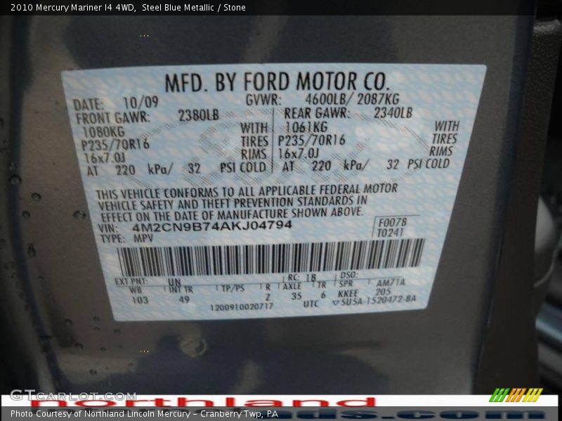 Steel Blue Metallic / Stone 2010 Mercury Mariner I4 4WD