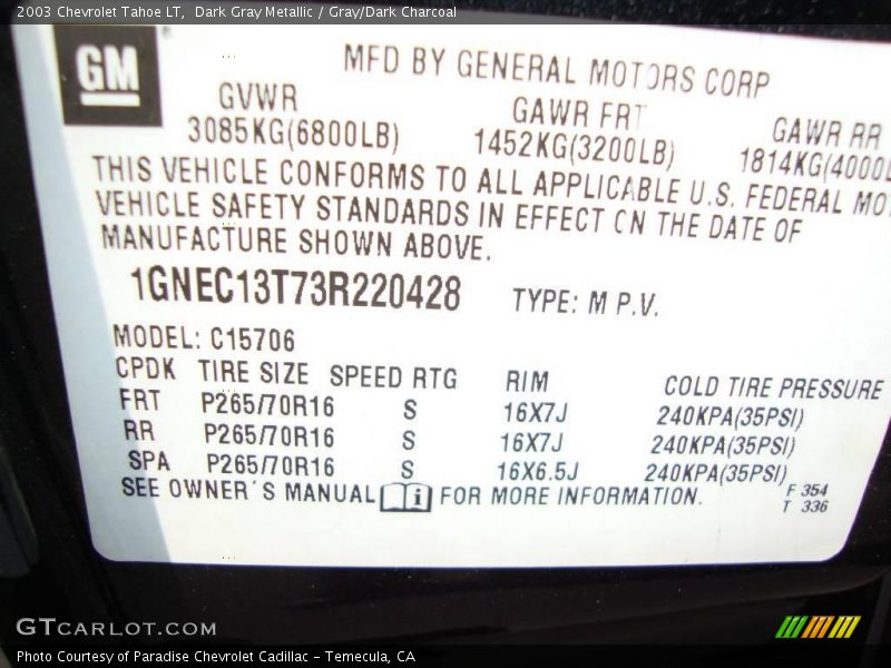 Dark Gray Metallic / Gray/Dark Charcoal 2003 Chevrolet Tahoe LT