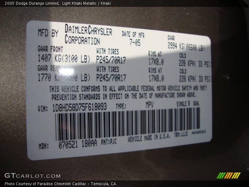 Light Khaki Metallic / Khaki 2005 Dodge Durango Limited