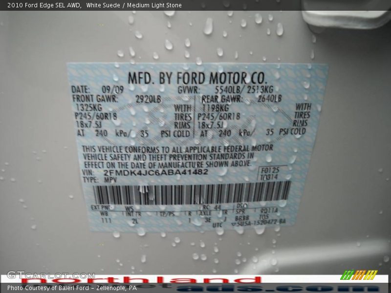 White Suede / Medium Light Stone 2010 Ford Edge SEL AWD