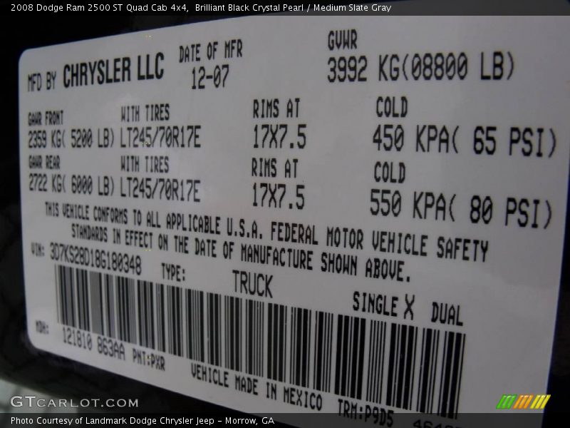 2008 Ram 2500 ST Quad Cab 4x4 Brilliant Black Crystal Pearl Color Code PXR