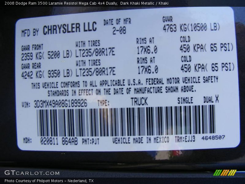 Dark Khaki Metallic / Khaki 2008 Dodge Ram 3500 Laramie Resistol Mega Cab 4x4 Dually