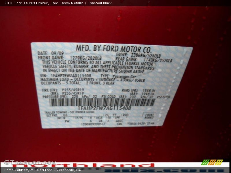 Red Candy Metallic / Charcoal Black 2010 Ford Taurus Limited