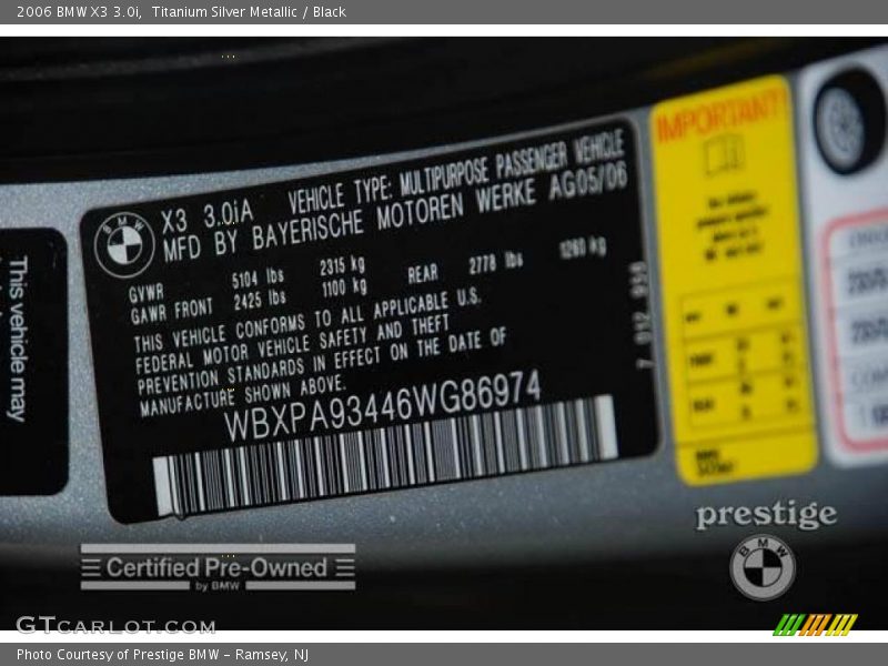 Titanium Silver Metallic / Black 2006 BMW X3 3.0i