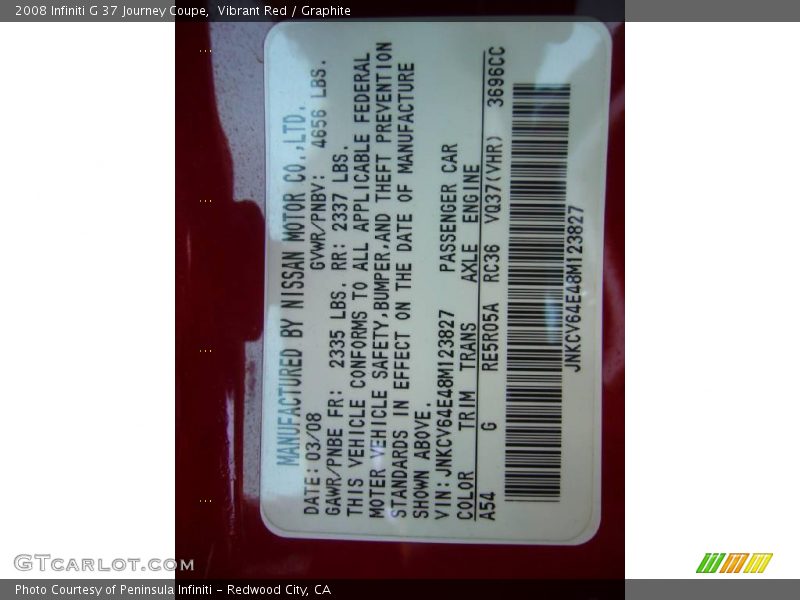 2008 G 37 Journey Coupe Vibrant Red Color Code A54