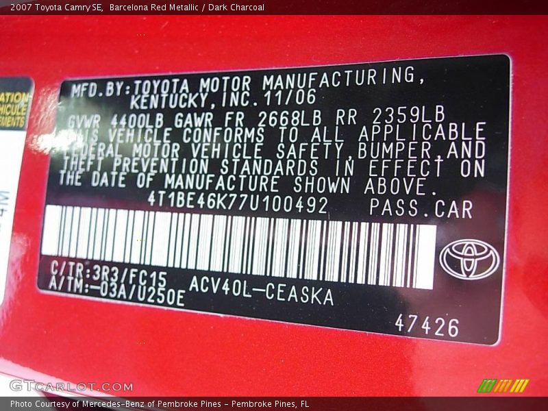 Barcelona Red Metallic / Dark Charcoal 2007 Toyota Camry SE