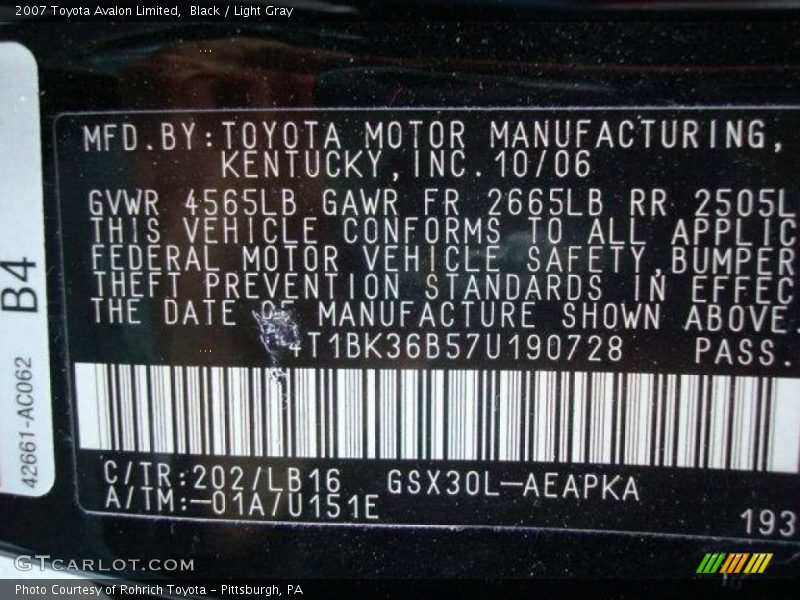 Black / Light Gray 2007 Toyota Avalon Limited