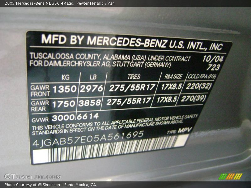 Pewter Metallic / Ash 2005 Mercedes-Benz ML 350 4Matic