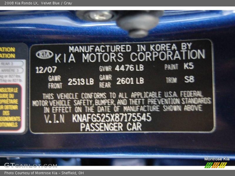 Velvet Blue / Gray 2008 Kia Rondo LX