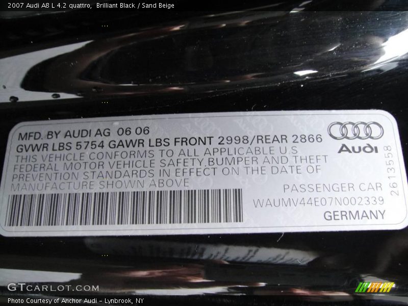 Brilliant Black / Sand Beige 2007 Audi A8 L 4.2 quattro