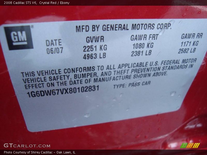 Crystal Red / Ebony 2008 Cadillac STS V6