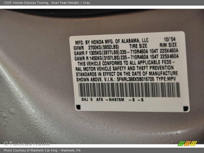 Silver Pearl Metallic / Gray 2005 Honda Odyssey Touring