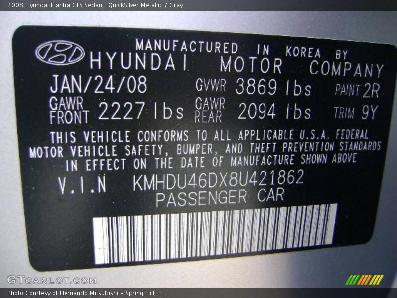QuickSilver Metallic / Gray 2008 Hyundai Elantra GLS Sedan