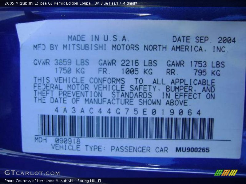 UV Blue Pearl / Midnight 2005 Mitsubishi Eclipse GS Remix Edition Coupe