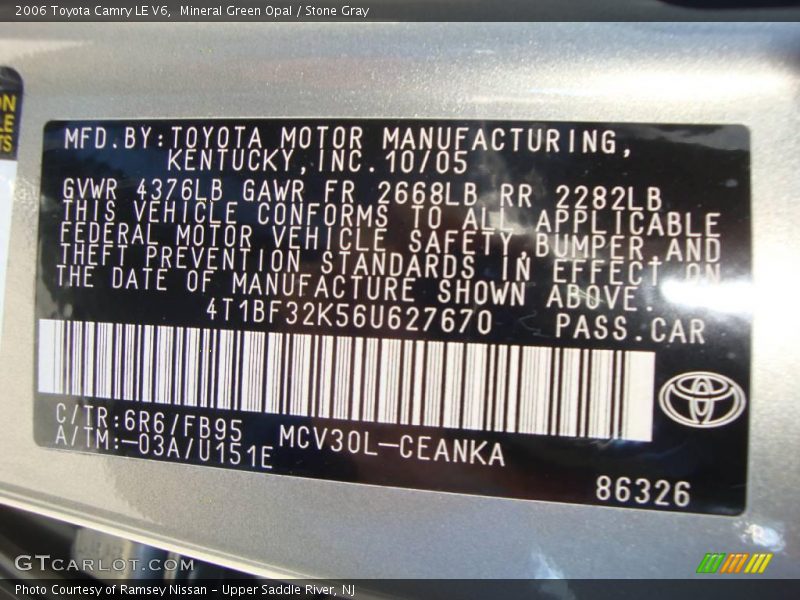 Mineral Green Opal / Stone Gray 2006 Toyota Camry LE V6