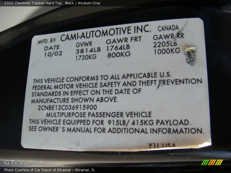 Black / Medium Gray 2003 Chevrolet Tracker Hard Top