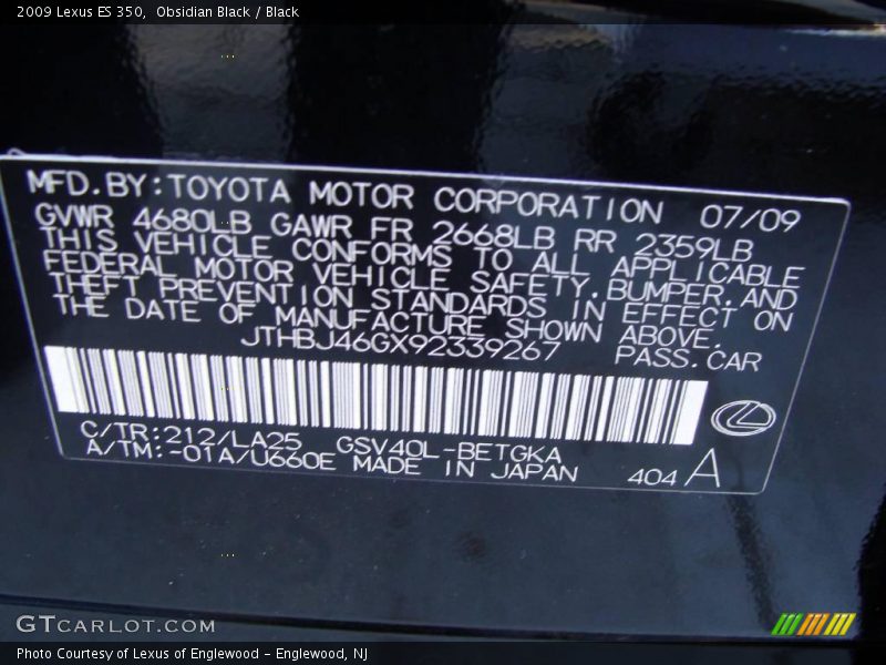 Obsidian Black / Black 2009 Lexus ES 350