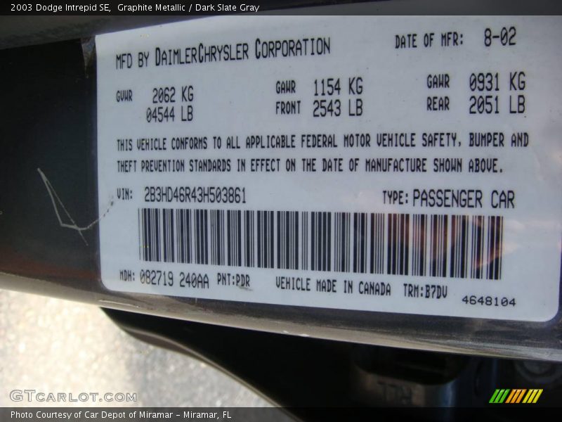 Graphite Metallic / Dark Slate Gray 2003 Dodge Intrepid SE