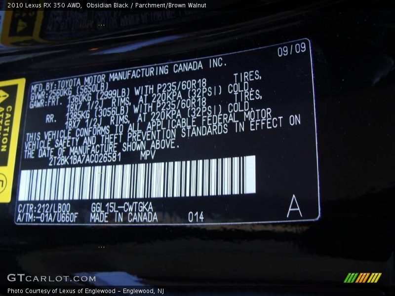 Obsidian Black / Parchment/Brown Walnut 2010 Lexus RX 350 AWD