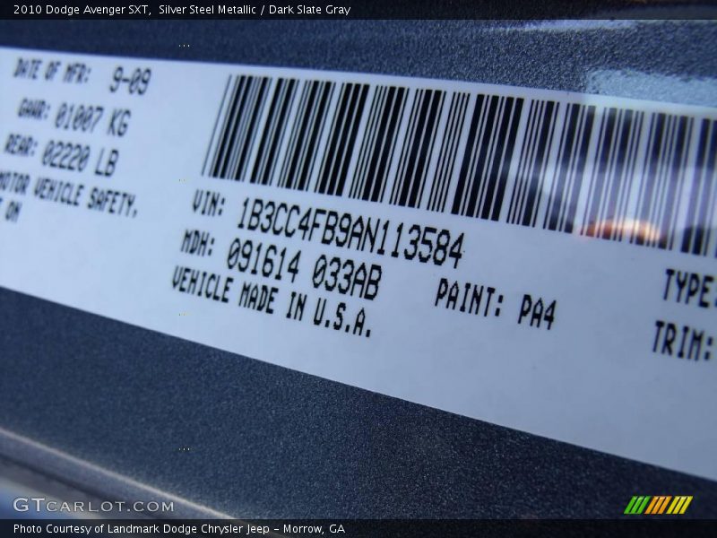 2010 Avenger SXT Silver Steel Metallic Color Code PA4