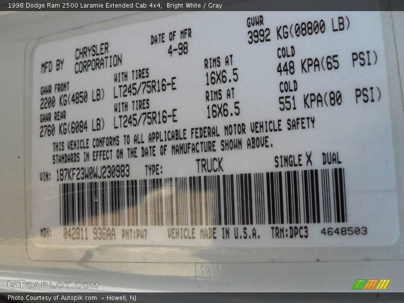 Bright White / Gray 1998 Dodge Ram 2500 Laramie Extended Cab 4x4
