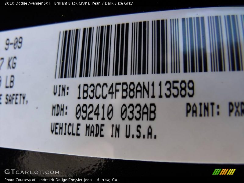 Brilliant Black Crystal Pearl / Dark Slate Gray 2010 Dodge Avenger SXT