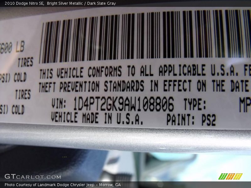 Bright Silver Metallic / Dark Slate Gray 2010 Dodge Nitro SE