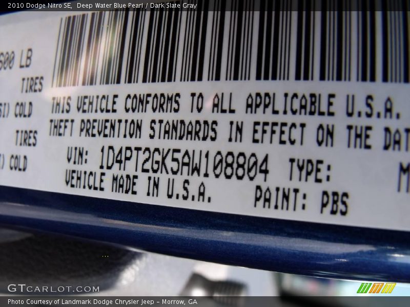 Deep Water Blue Pearl / Dark Slate Gray 2010 Dodge Nitro SE