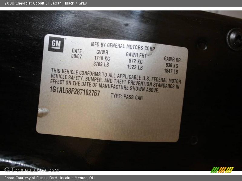 Black / Gray 2008 Chevrolet Cobalt LT Sedan