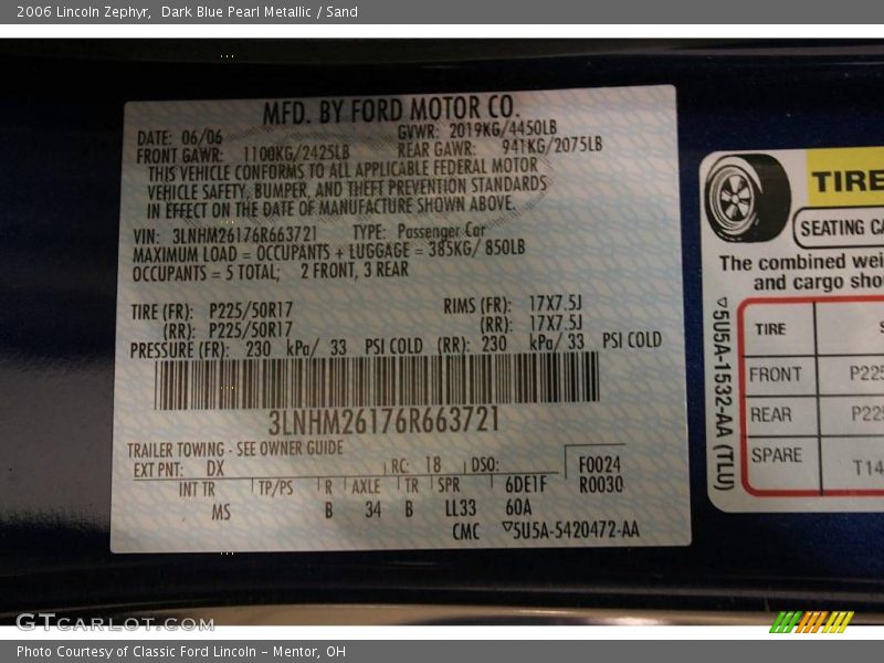 Dark Blue Pearl Metallic / Sand 2006 Lincoln Zephyr