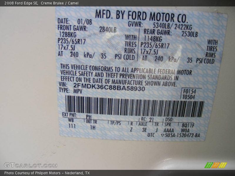 Creme Brulee / Camel 2008 Ford Edge SE