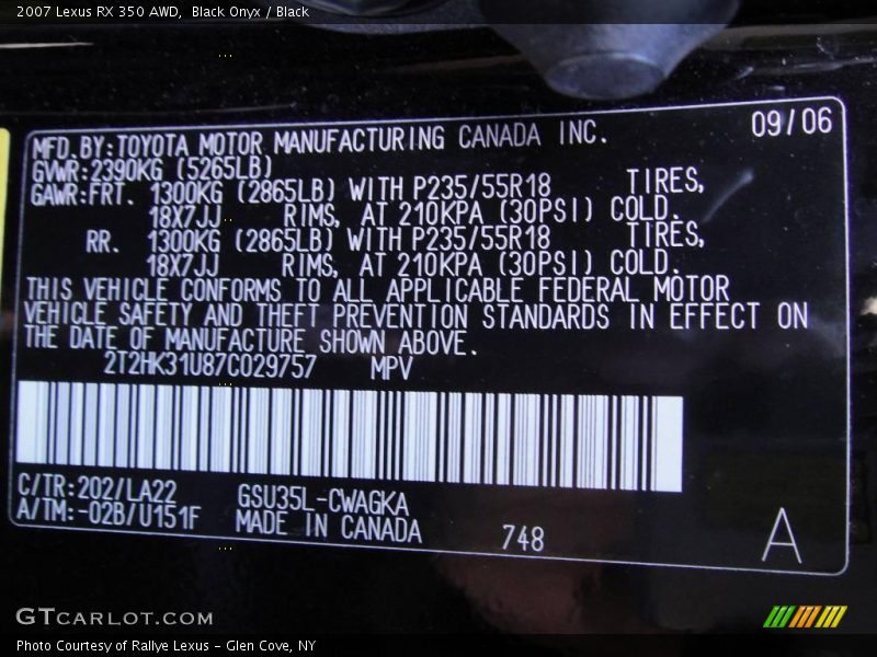 Black Onyx / Black 2007 Lexus RX 350 AWD