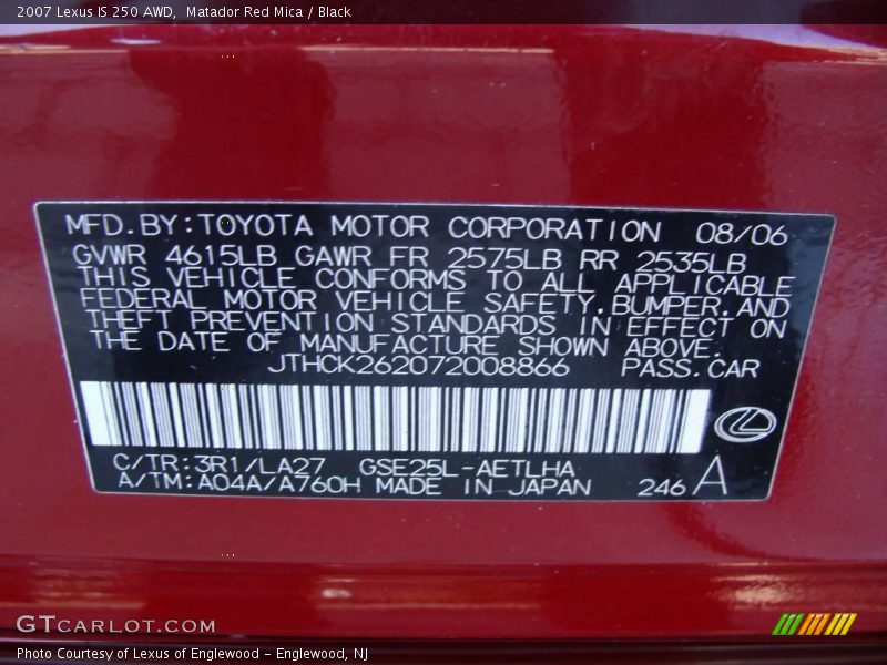 Matador Red Mica / Black 2007 Lexus IS 250 AWD