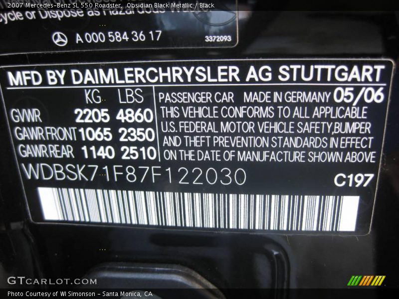 Obsidian Black Metallic / Black 2007 Mercedes-Benz SL 550 Roadster