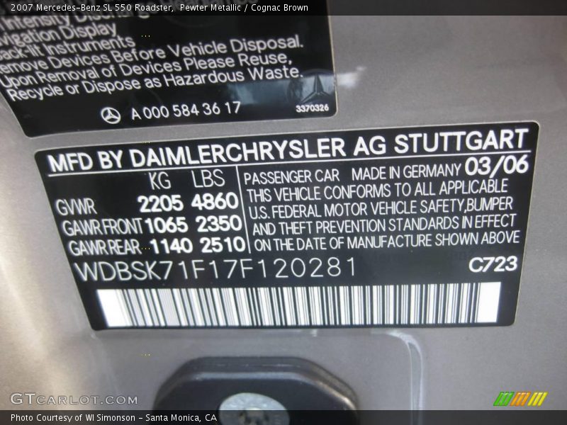 Pewter Metallic / Cognac Brown 2007 Mercedes-Benz SL 550 Roadster