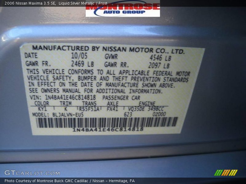 Liquid Silver Metallic / Frost 2006 Nissan Maxima 3.5 SE