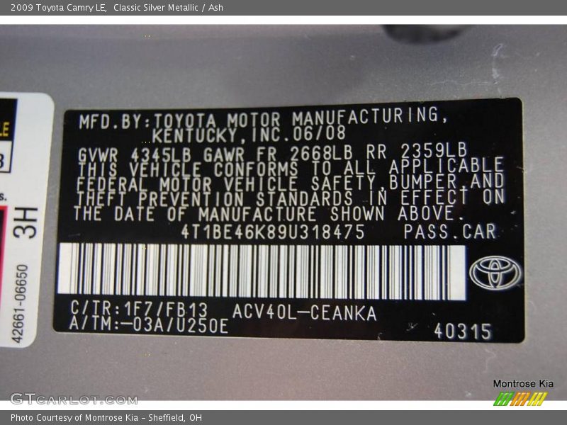 Classic Silver Metallic / Ash 2009 Toyota Camry LE