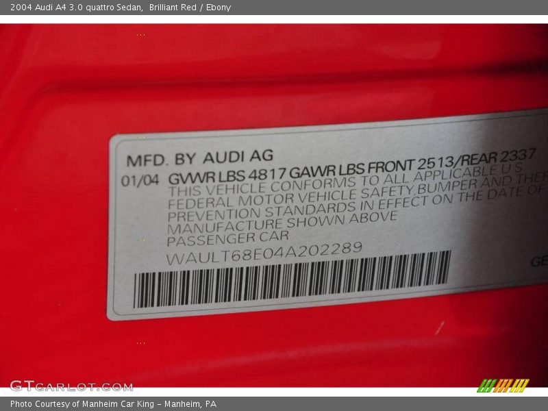 Brilliant Red / Ebony 2004 Audi A4 3.0 quattro Sedan