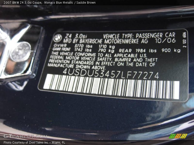 Monaco Blue Metallic / Saddle Brown 2007 BMW Z4 3.0si Coupe