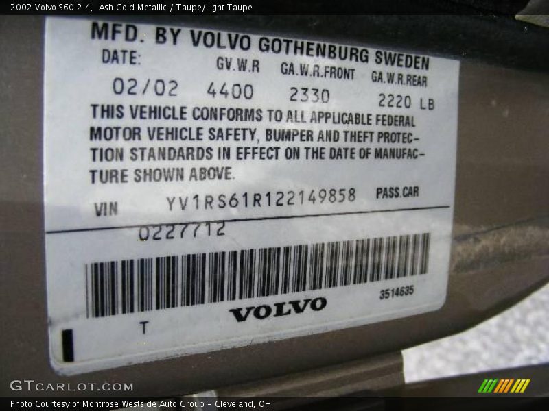 Ash Gold Metallic / Taupe/Light Taupe 2002 Volvo S60 2.4
