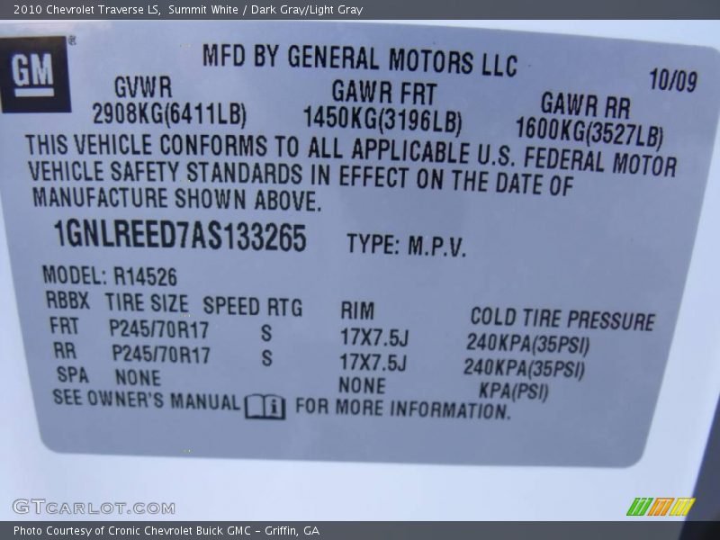 Summit White / Dark Gray/Light Gray 2010 Chevrolet Traverse LS