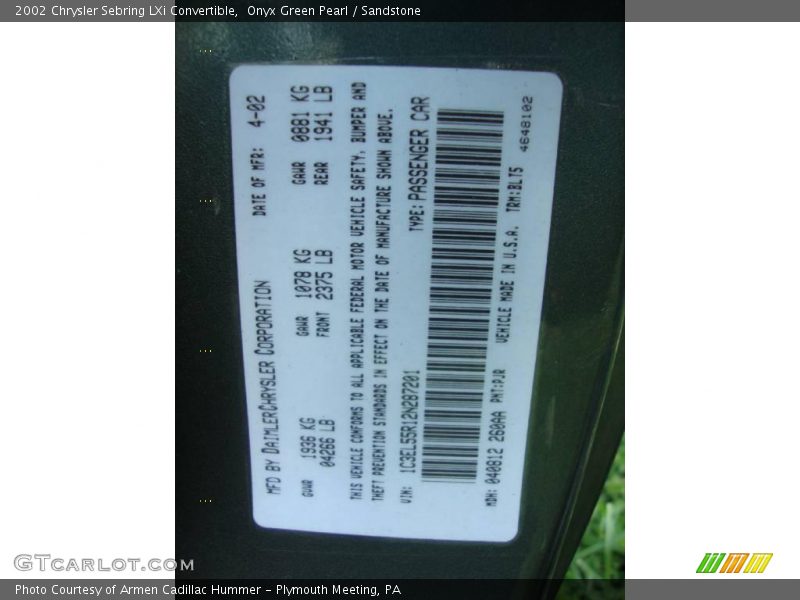 Onyx Green Pearl / Sandstone 2002 Chrysler Sebring LXi Convertible