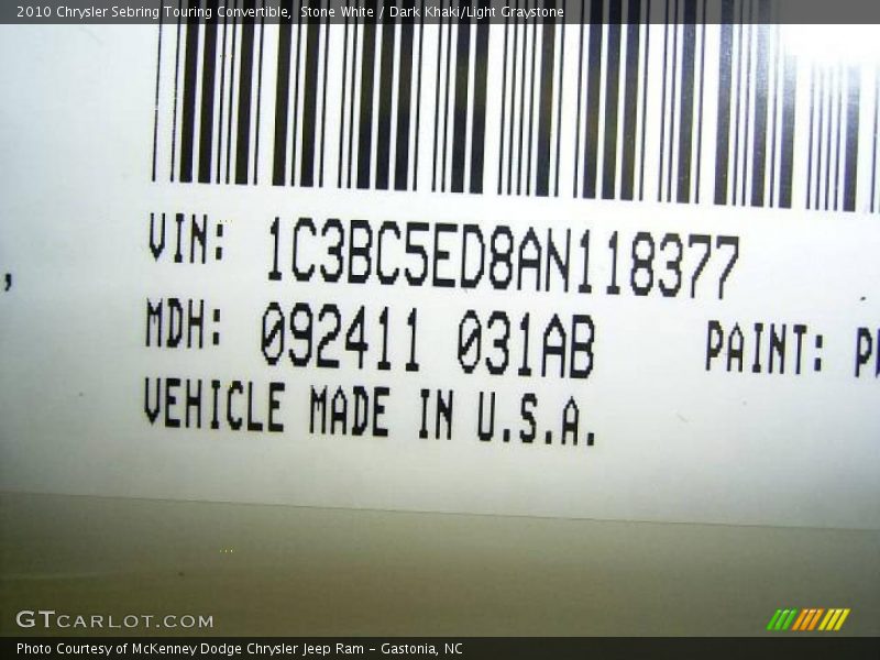 Stone White / Dark Khaki/Light Graystone 2010 Chrysler Sebring Touring Convertible