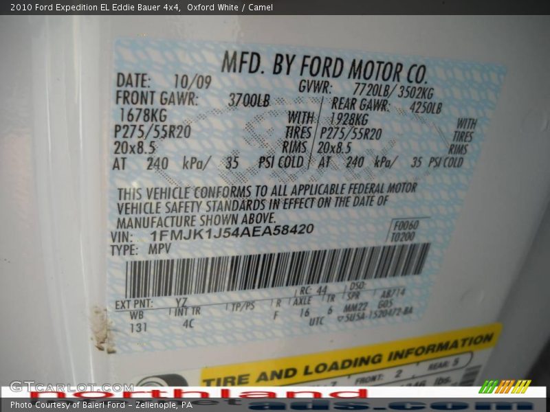 Oxford White / Camel 2010 Ford Expedition EL Eddie Bauer 4x4